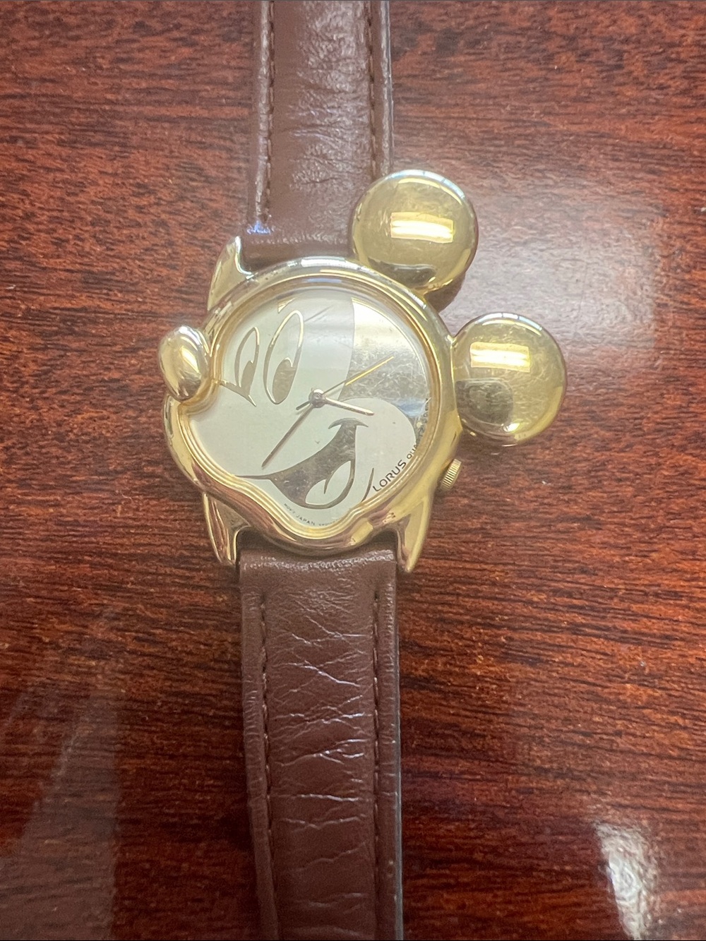 Lorus Gold-Tone Mickey Face Women's Watch with Brown Leather Strap